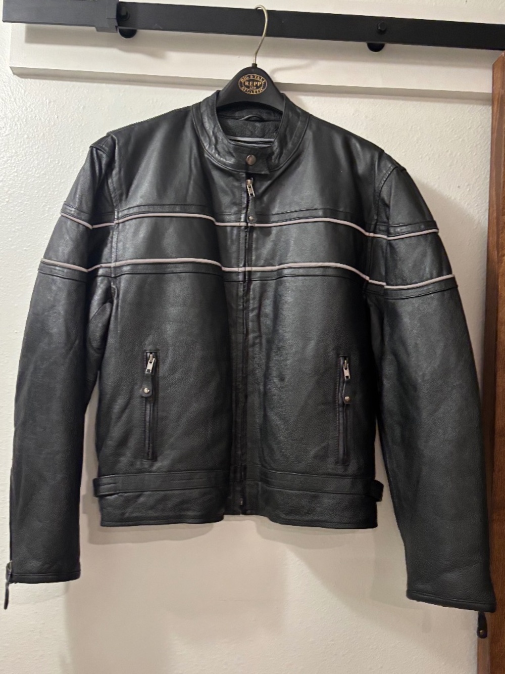 Made in U.S.A. HEAVY CYCLO Leather Black Jacket-Size 2XL-White stripe